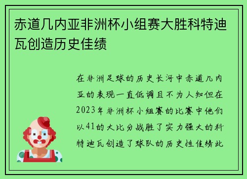 赤道几内亚非洲杯小组赛大胜科特迪瓦创造历史佳绩